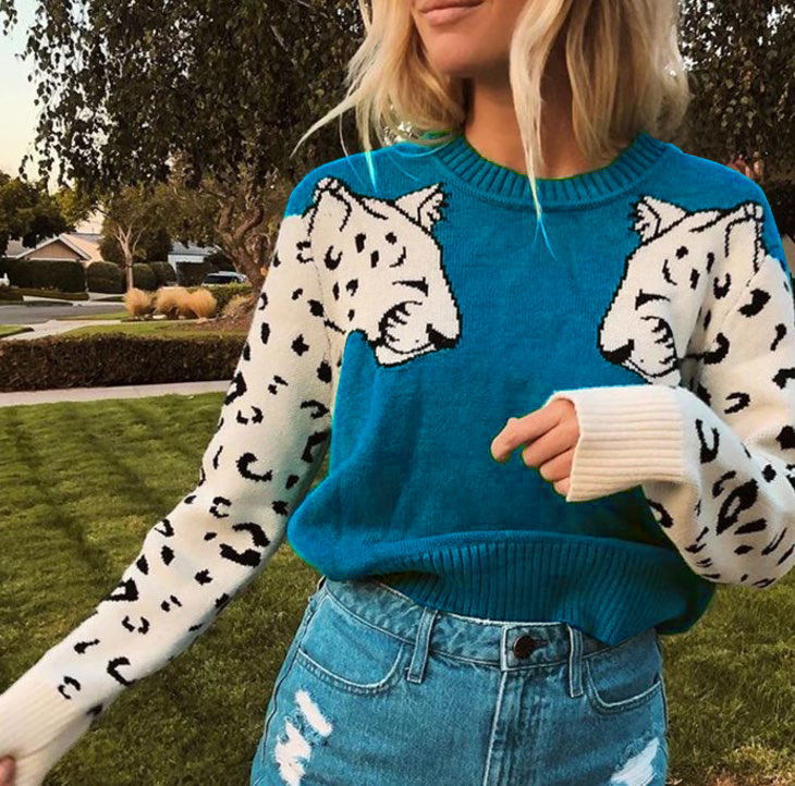 Damen Kuscheliger Pullover mit lebhaftem Tiermotiv und kontrastierenden Ärmeln WW