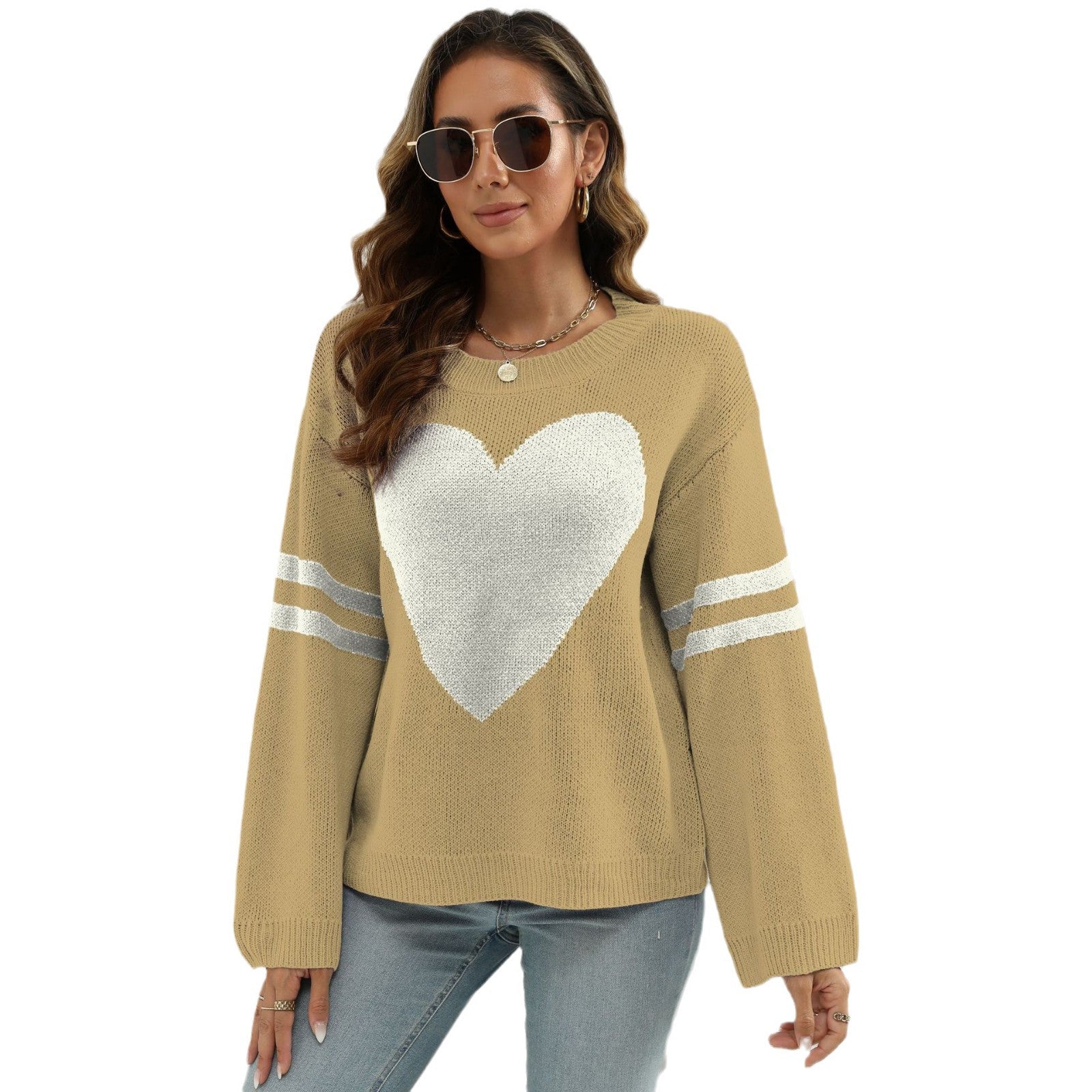 Damen Strickpullover mit Herzmotiv und lässigen Ärmelabschlüssen WW