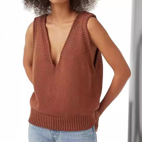 Damen lässiger Strickpullover ohne Ärmel mit tiefem V-Ausschnitt WW