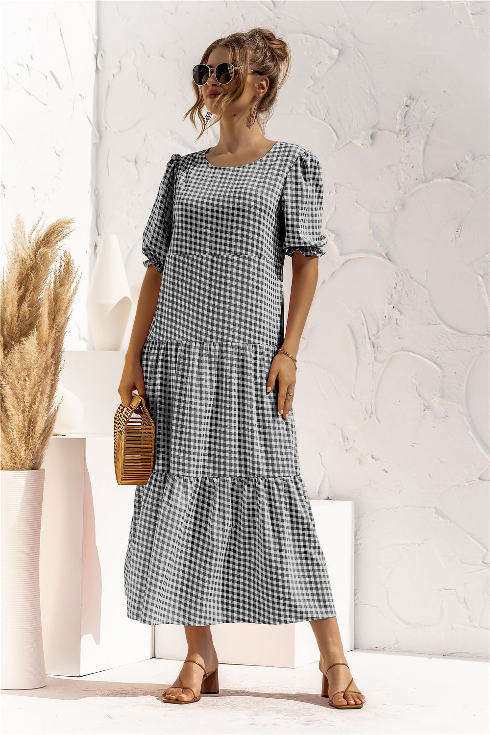 Damen Maxikleid mit Karomuster und voluminösen Puffärmeln WW