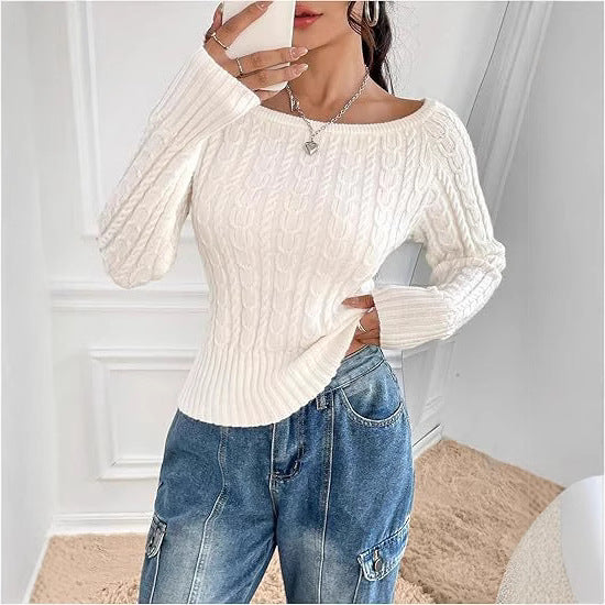 Damen Grobstrick Pullover mit offener Schulterpartie und Zopfmuster WW