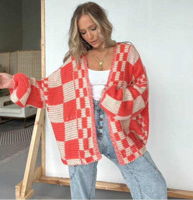 Damen lässiger Strickcardigan mit Karomuster und oversized Schnitt WW