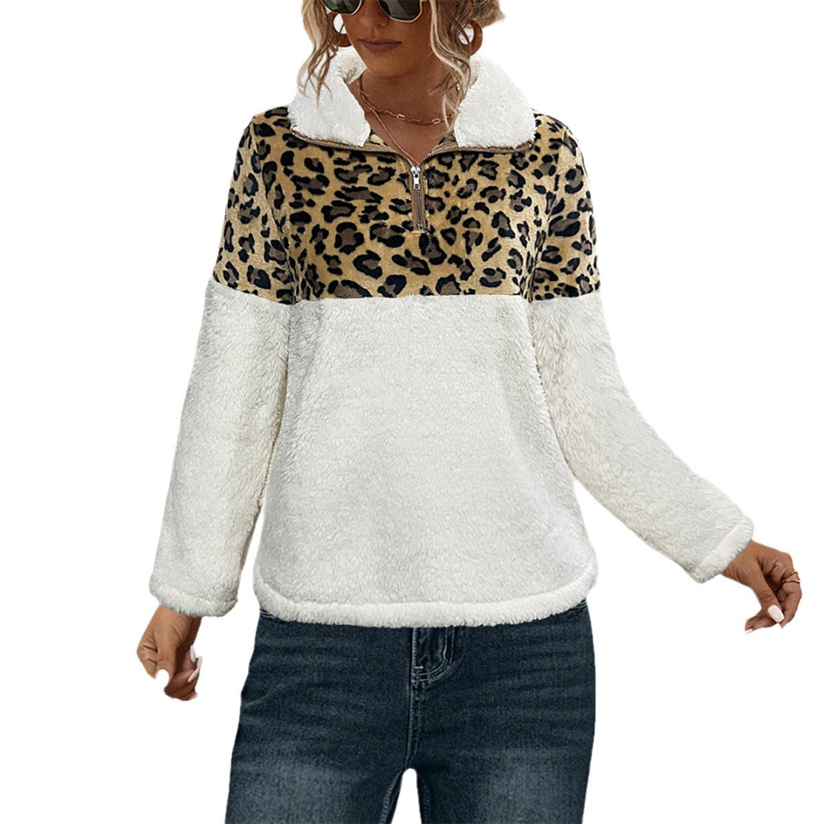 Damen Fleece-Pullover mit attraktivem Leopardenmuster und halbem Reißverschluss WW
