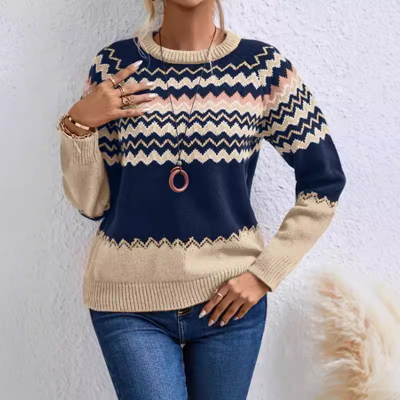 Damen Pullover mit Wellenmuster und klassischem Rundhalsausschnitt WW