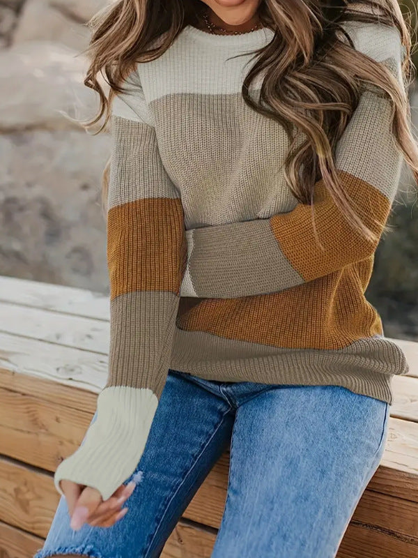 Damen modischer Strickpullover mit modernem Streifen-Design und langen Ärmeln WW