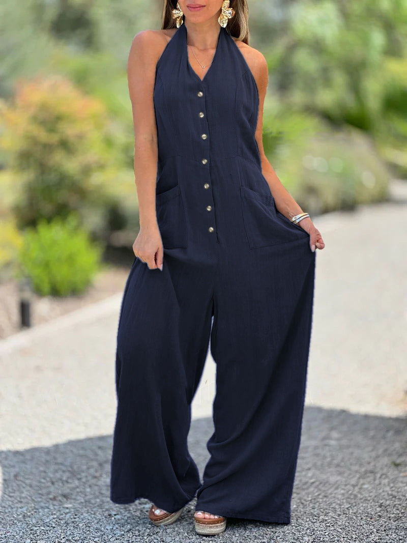 Damen Weit geschnittener Jumpsuit mit Knopfleiste und praktischen Taschen WW