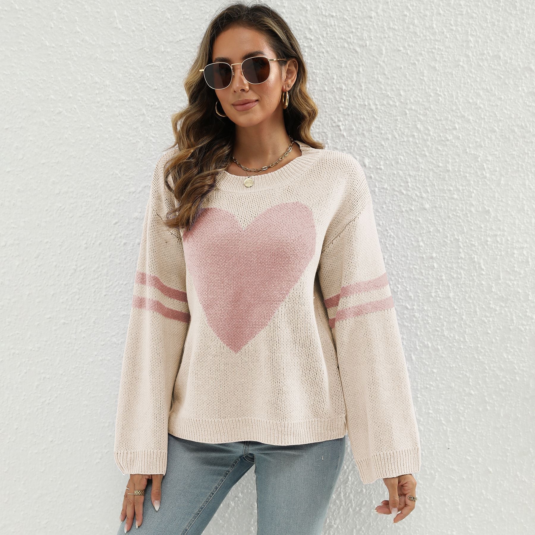 Damen Strickpullover mit Herzmotiv und lässigen Ärmelabschlüssen WW