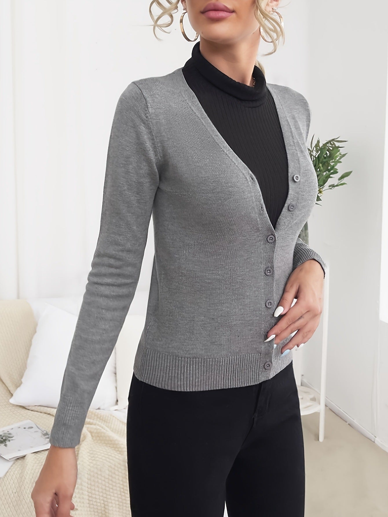 Damen lässiger Langarm-Cardigan mit Knopfverschluss WW
