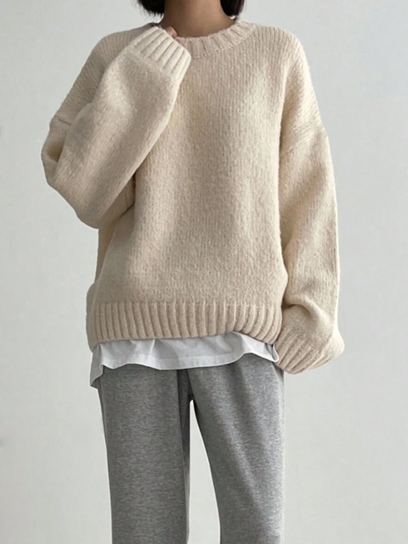 Damen Grober Strickpullover mit lässigem Schnitt und Rundhalsausschnitt WW