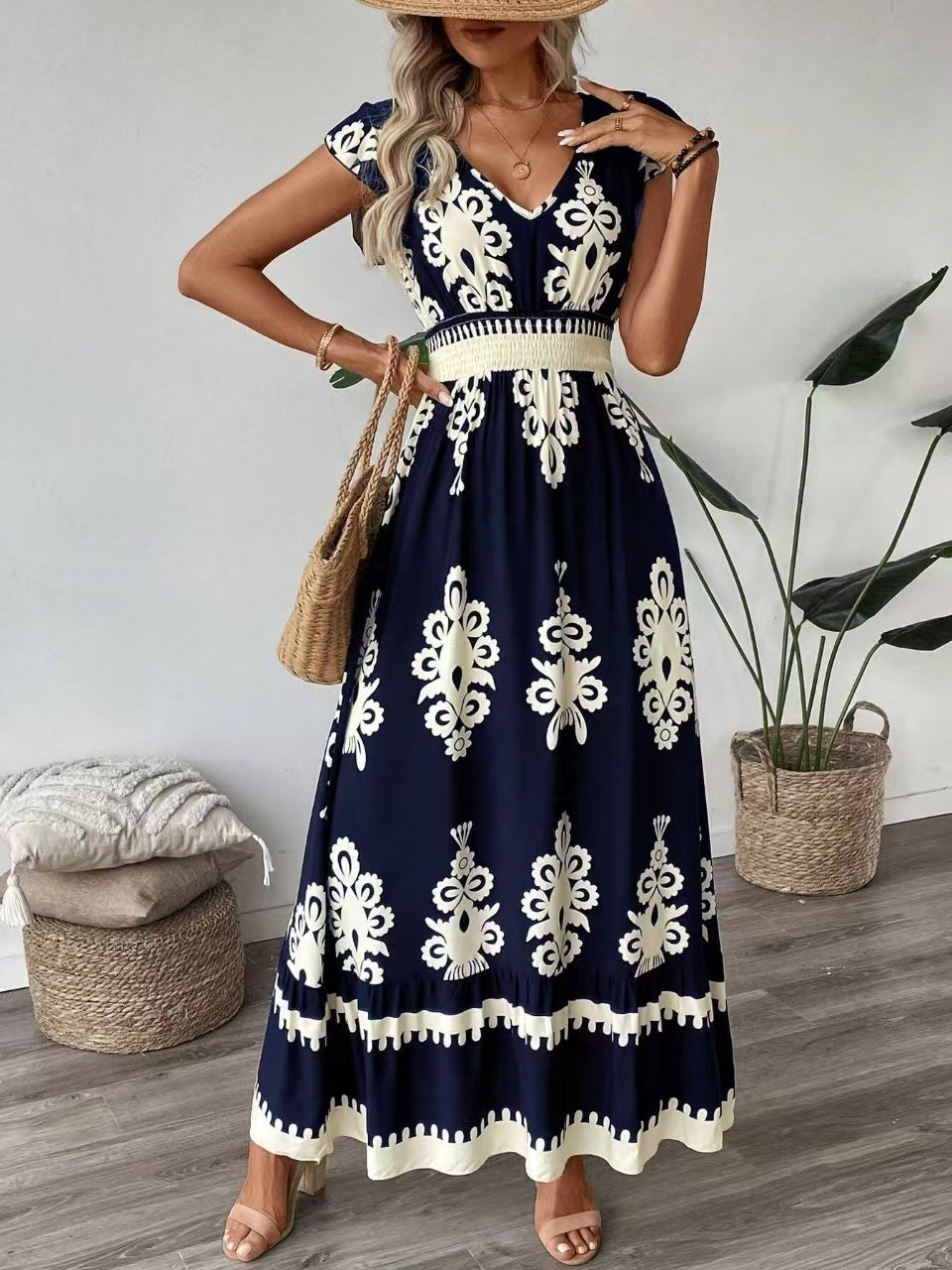 Damen Maxikleid mit floralem Muster und V-Ausschnitt WW