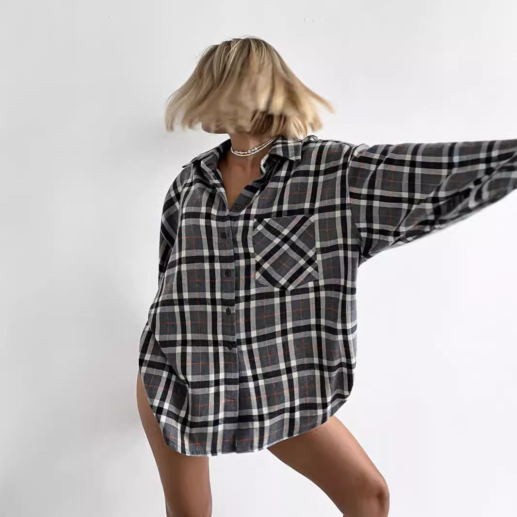 Damen lässige Flanell-Hemdbluse mit Übergröße und Karomuster WW