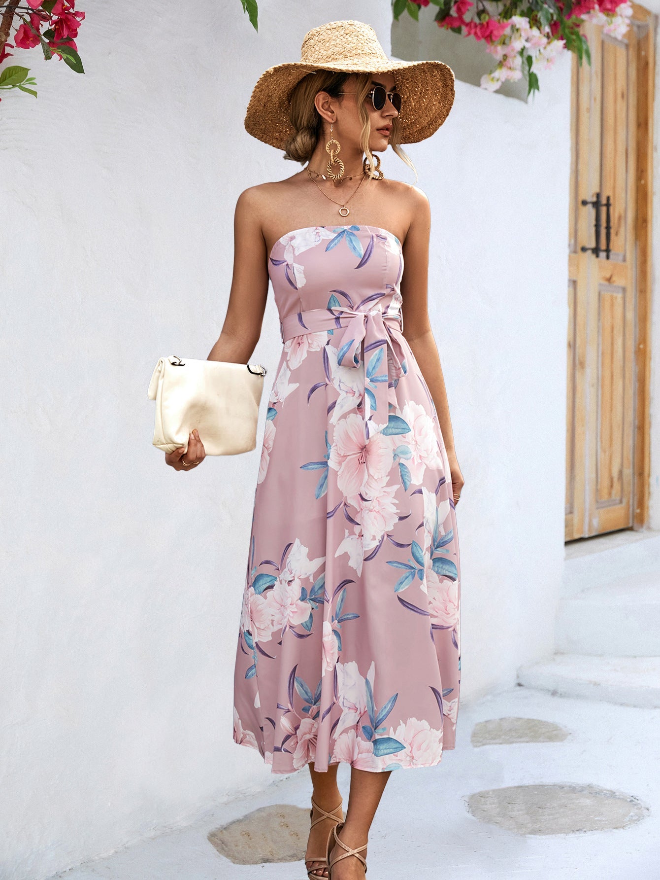 Damen Maxikleid mit schulterfreiem Design und floralem Bindegürtel WW