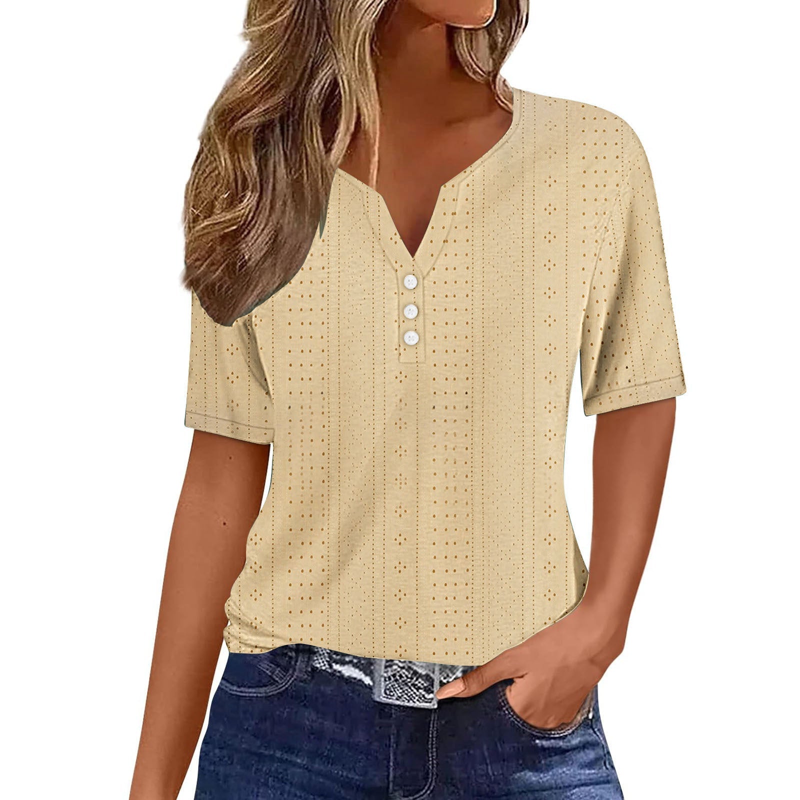 Damen Kurzarmshirt mit modischer Knopfleiste und Struktur WW