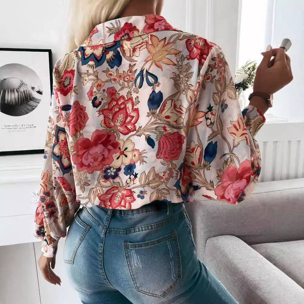Damen elegante Bluse mit floralem Muster und modernen Puffärmeln WW