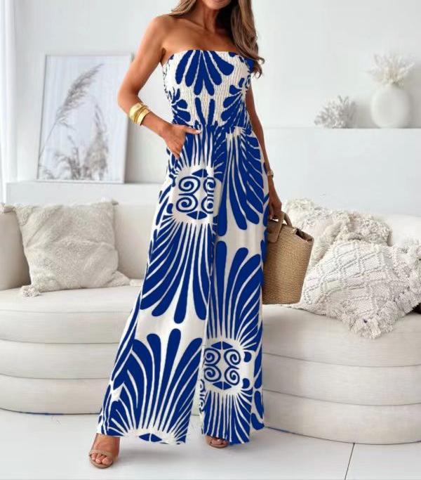 Damen luftiger Maxijumpsuit mit trägerlosem Design und praktischen Seitentaschen WW