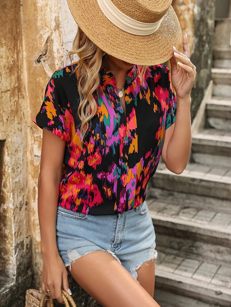 Damen Bluse mit floralen Mustern und stylischem Stehkragen WW