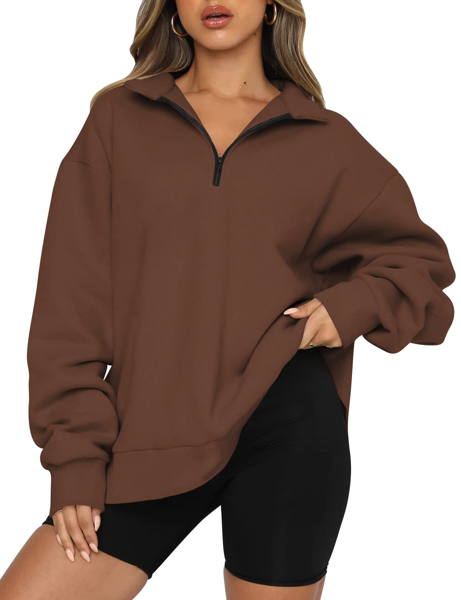 Damen Sportlicher Oversized Pullover mit Reißverschluss und seitlichem Schlitz WW