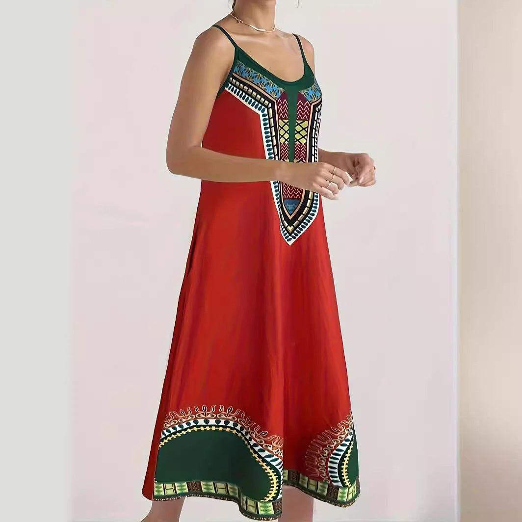 Damen Maxikleid mit künstlerischem African-Design und praktischen Taschen WW