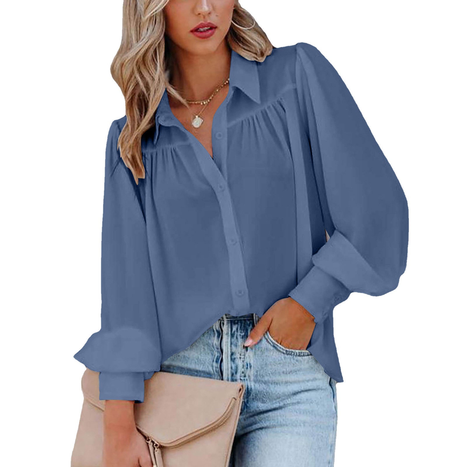 Damen Elegante Bluse mit Puffärmeln und Knopfdetails WW