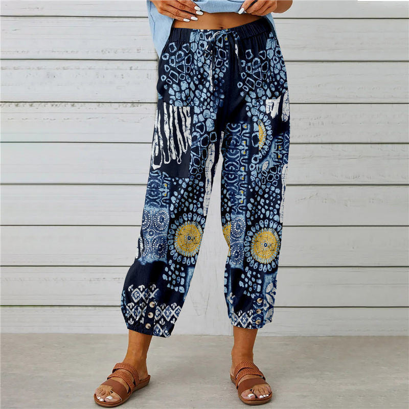 Damen modische Baumwoll-Hose mit floralem Design und elastischem Bund WW
