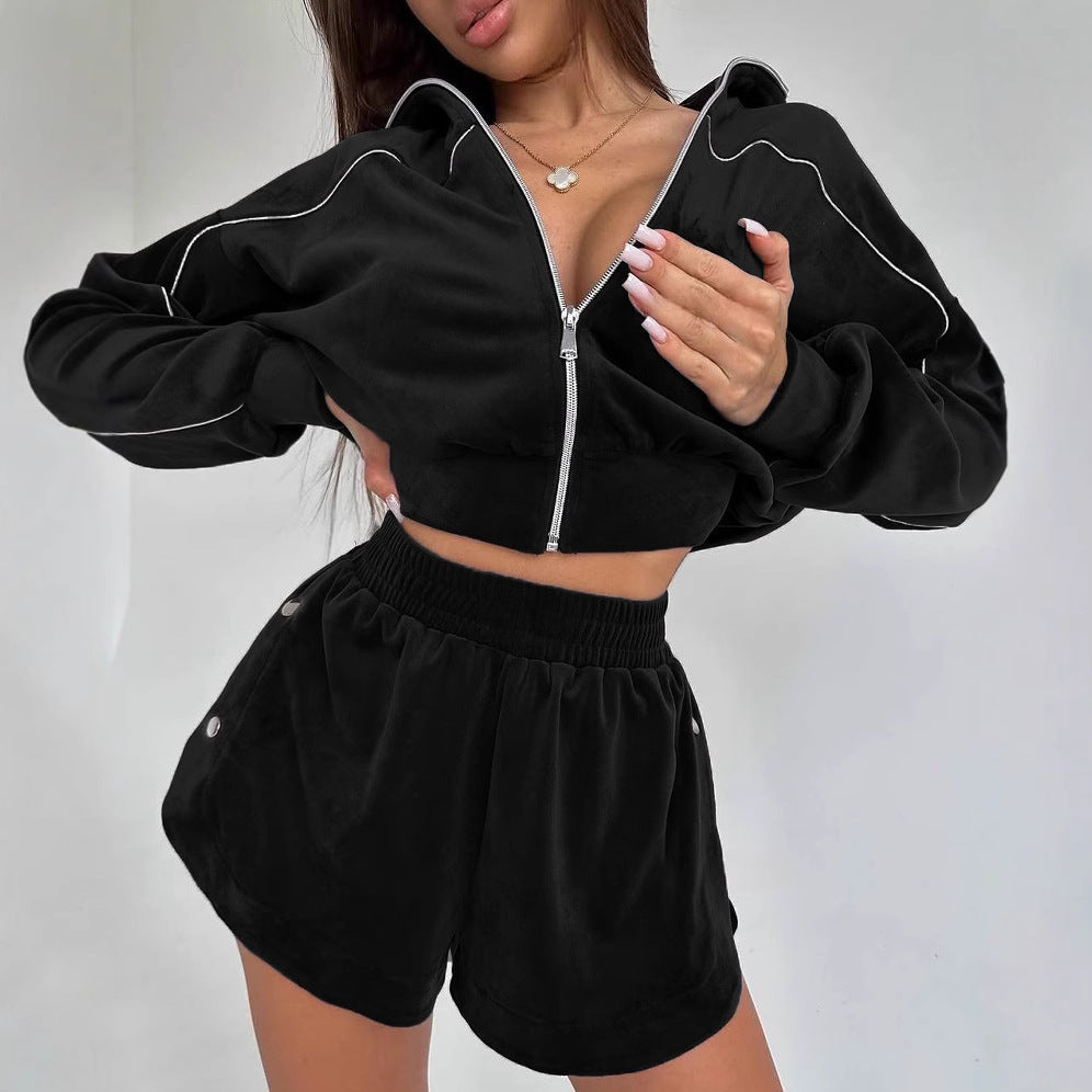 Damen sportliches Fleece-Crop-Set mit Reißverschluss und Druckknöpfen WW