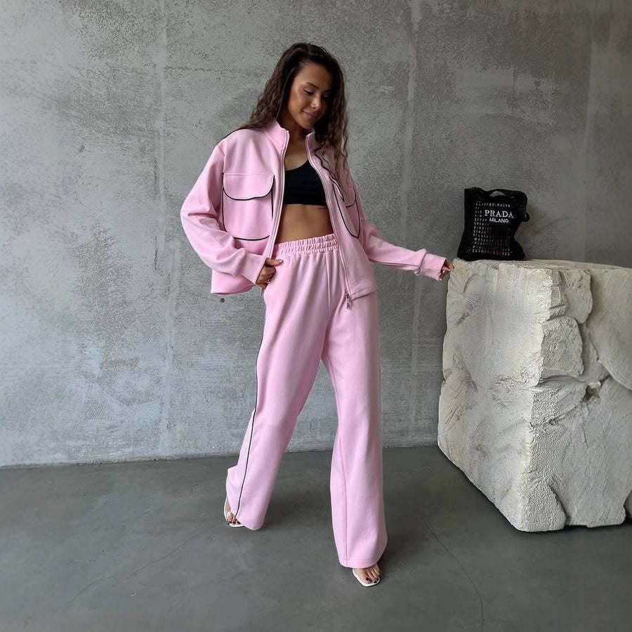 Damen sportliches Fleece-Set mit modischen Kontrasten und praktischen Taschen WW