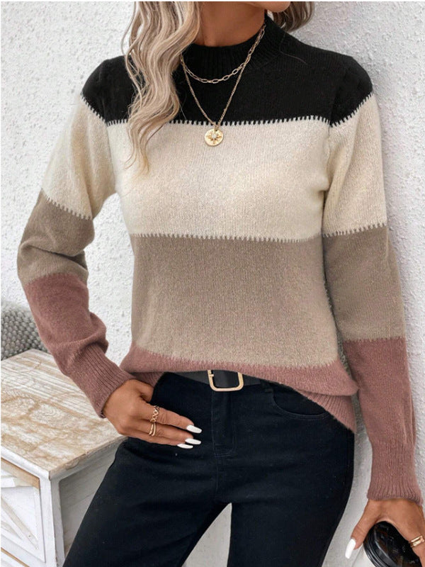 Damen modischer Strickpullover mit trendigem Blockstreifen und steigendem Kragen WW