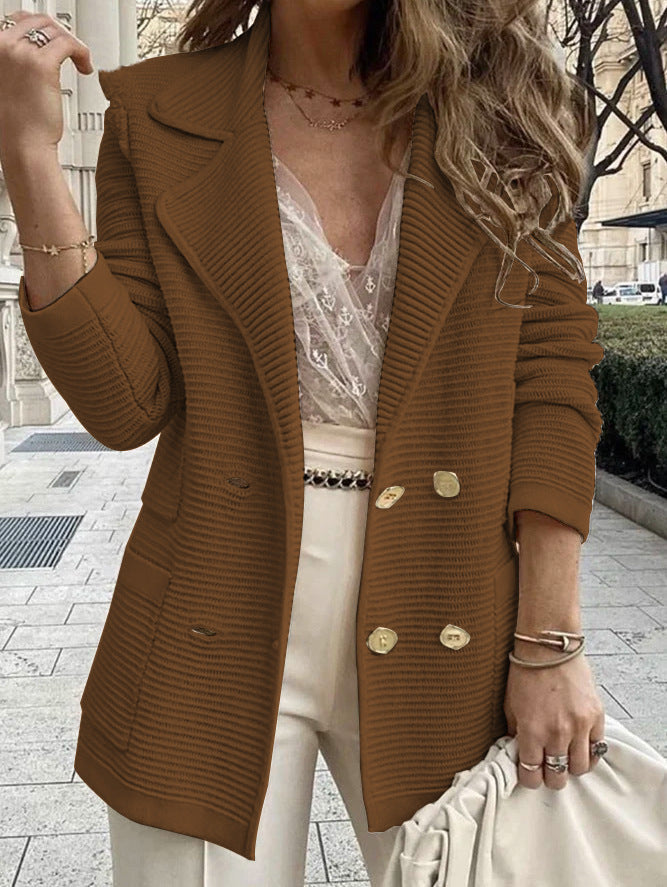 Damen eleganter Strickblazer mit doppelter Knopfleiste und Taschen WW