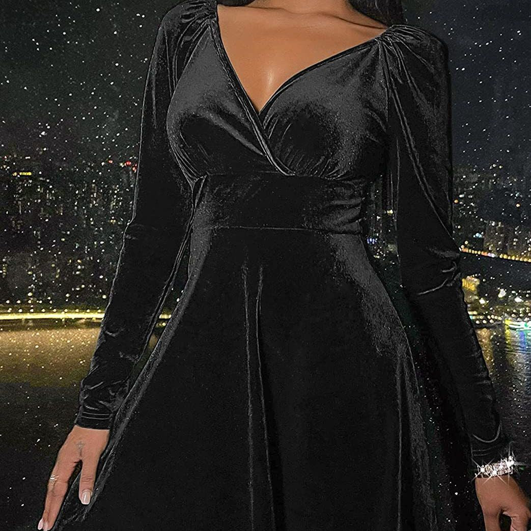 Damen A-Linien Kleid mit tiefem V-Ausschnitt und Puffärmeln WW