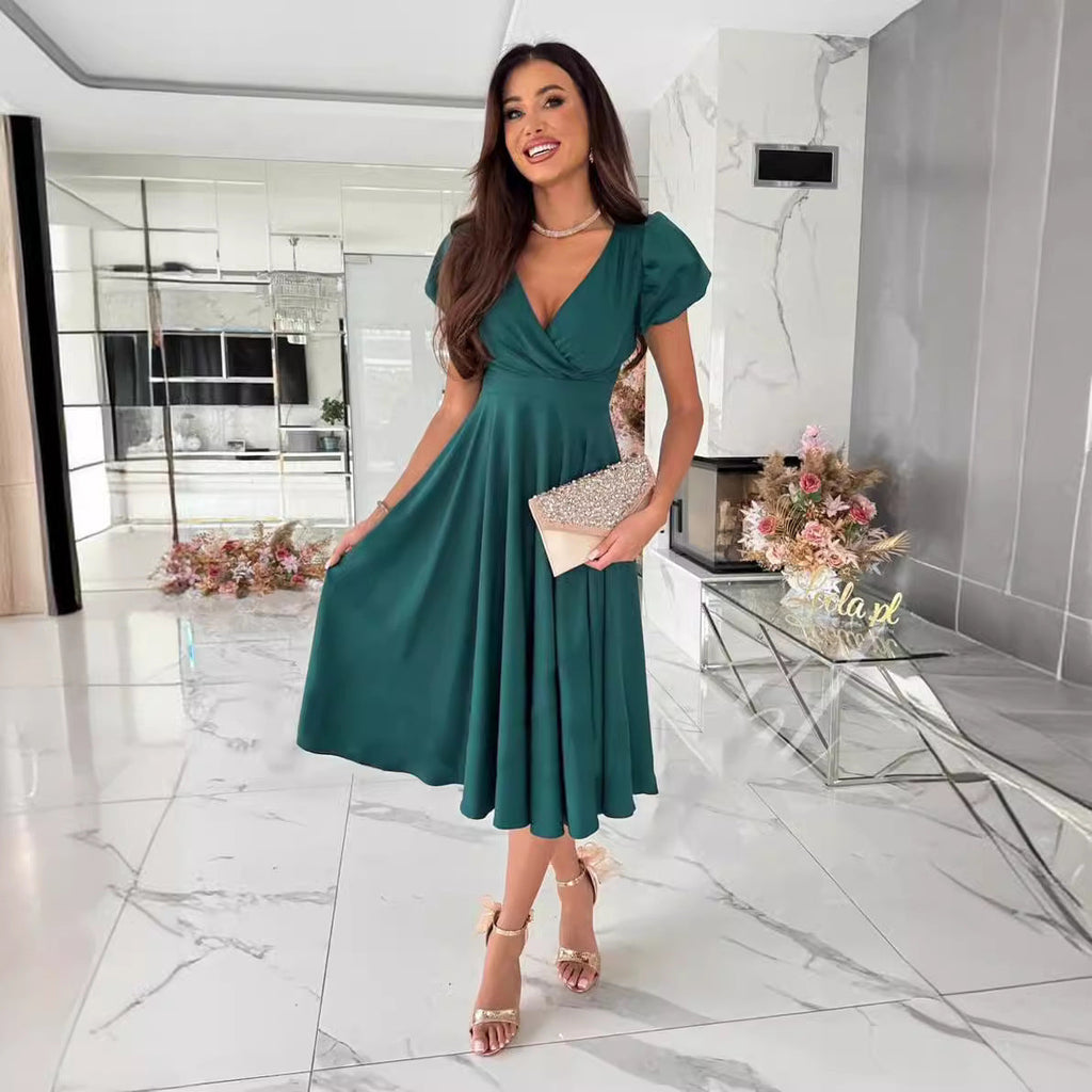 Damen A-Linie Kleid mit Puffärmeln und schmalem V-Ausschnitt WW
