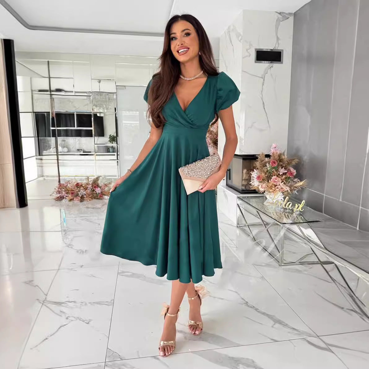 Damen A-Linie Kleid mit Puffärmeln und schmalem V-Ausschnitt WW