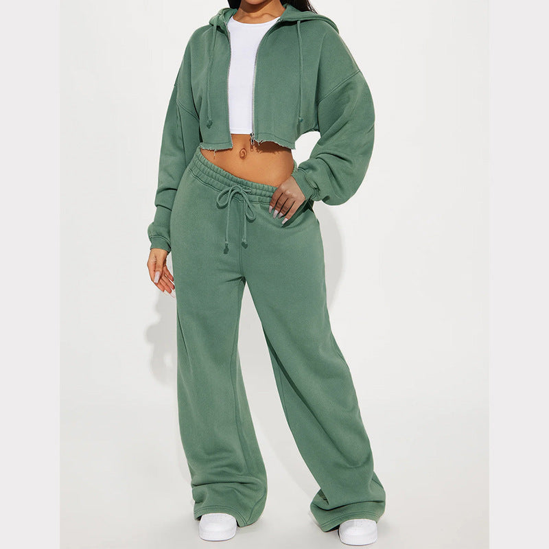 Damen lässiges Fleece-Set mit kurzem Hoodie und weiten Hosen WW