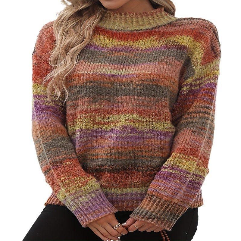 Damen Strickpullover mit buntem Wellenmuster und hohen Kragen WW