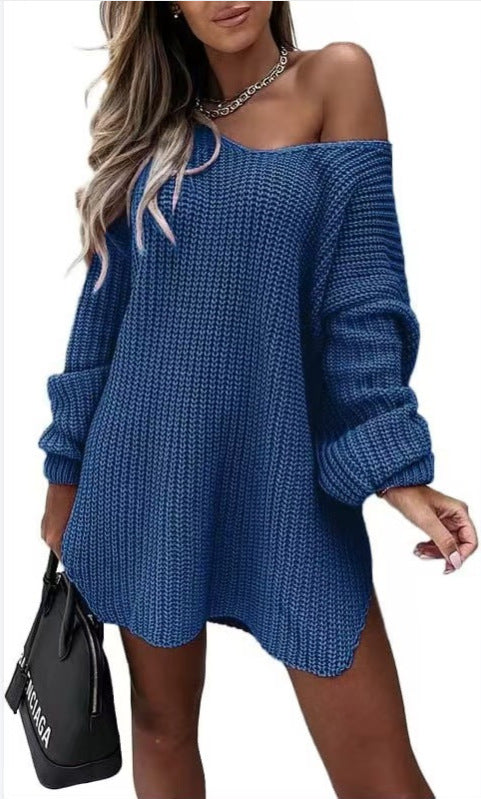 Damen lässiges Oversized-Strickkleid mit weitem Ausschnitt WW