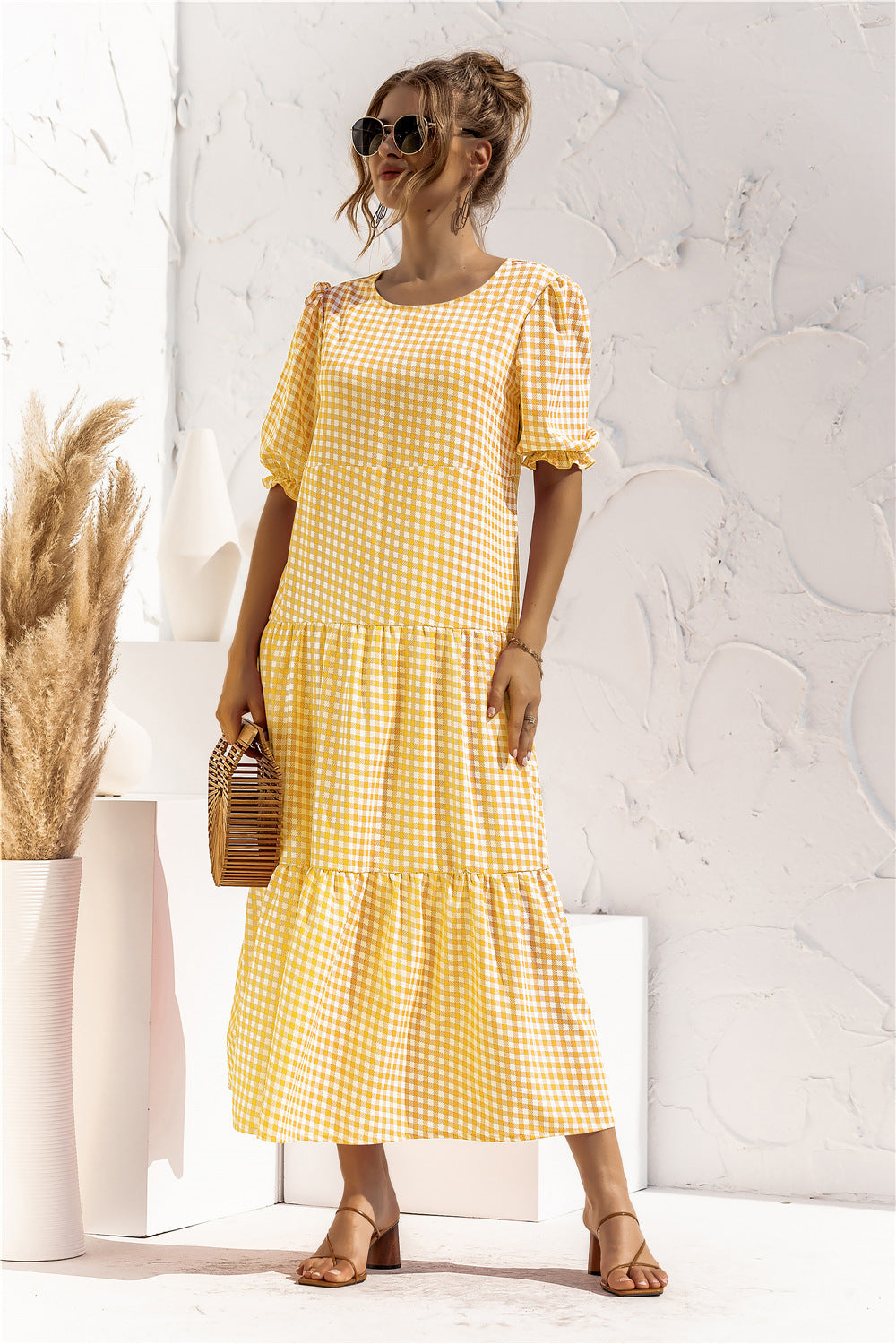 Damen Maxikleid mit Karomuster und voluminösen Puffärmeln WW