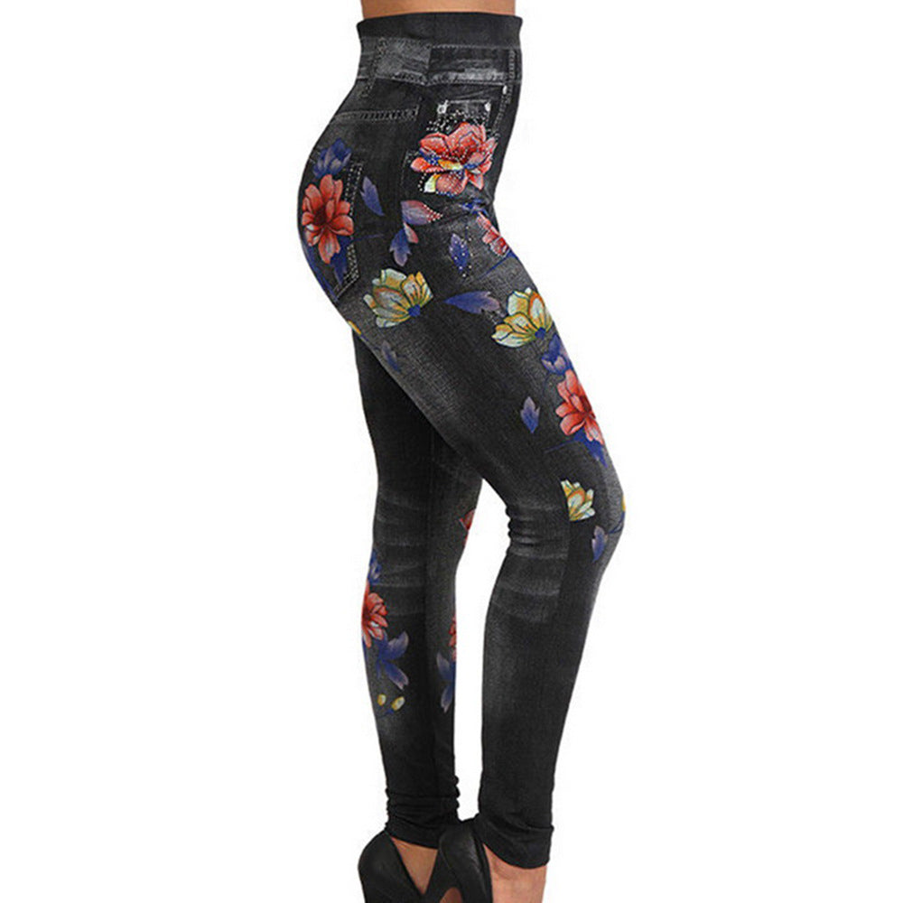 Damen Hochtaillierte Leggings im Jeans-Look mit floralem Motiv WW