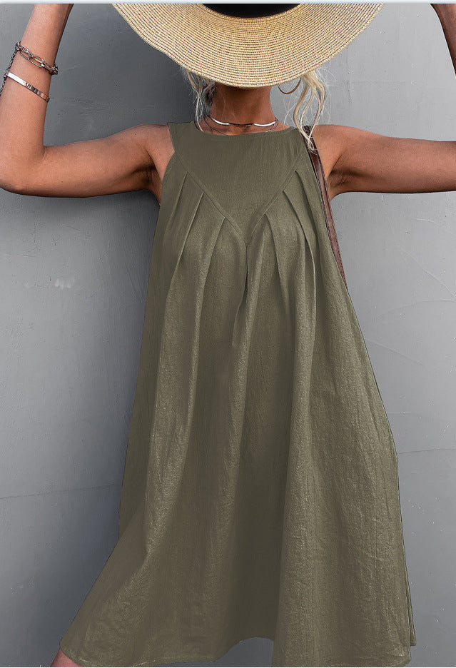 Damen Plissiertes Sommerkleid mit lockerer Passform und bequemem Rundhalsausschnitt WW