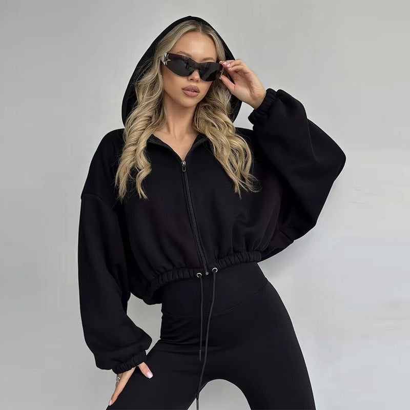 Damen Sportlicher Cropped Hoodie mit Reißverschluss und Kordelzug WW