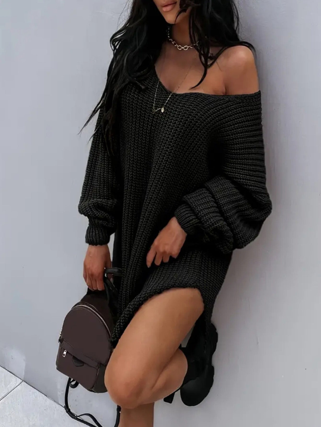 Damen lässiger Strickpullover mit tiefem V-Ausschnitt und ballonförmigen Ärmeln WW