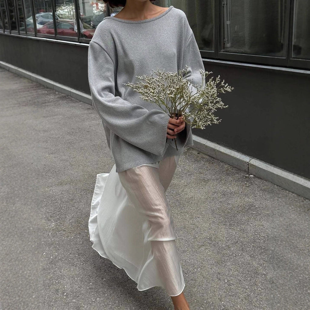 Damen Oversized-Strickpullover mit weitem Arm und raffiniertem Saum WW