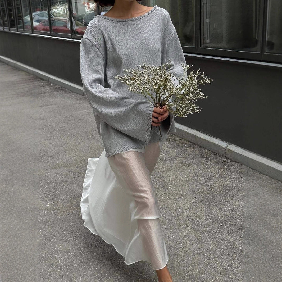 Damen Oversized-Strickpullover mit weitem Arm und raffiniertem Saum WW