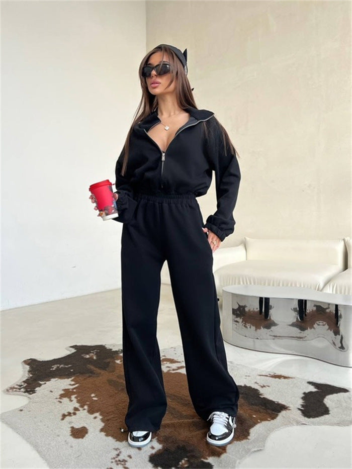 Damen sportlicher Fleece-Loungewear-Anzug mit hohem Kragen und elastischem Bund WW