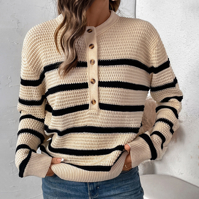 Damen gestreifter Strickpullover mit Knopfleiste und lässigem Schnitt WW