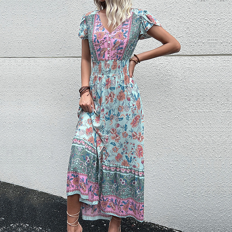 Damen Maxikleid mit floralem Design und elastischem Taillenband WW