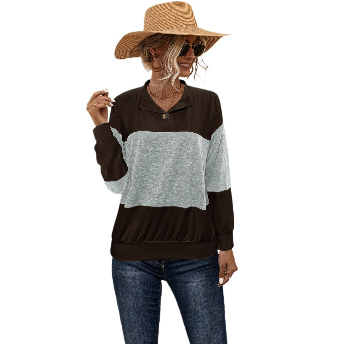 Damen Sportlicher Pullover mit modernem Farbblockdesign und funktionellem Knopf WW