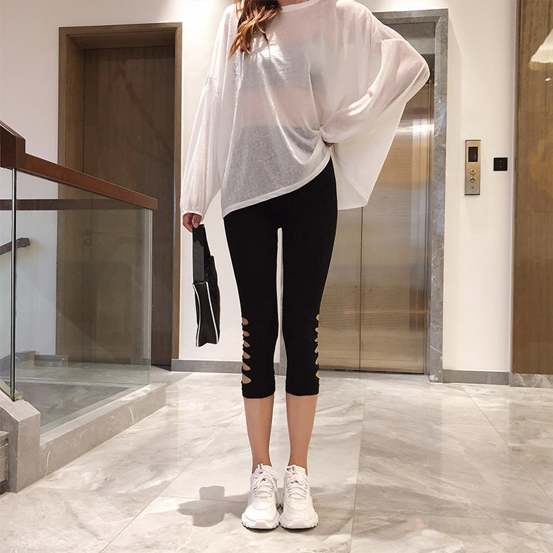 Damen Modische Leggings mit transparenten Netzdetails und Schleifen WW