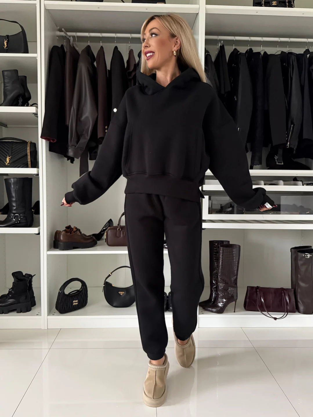 Damen lässiges Loungewear-Set mit Hoodie und Jogginghose aus weichem Fleece WW