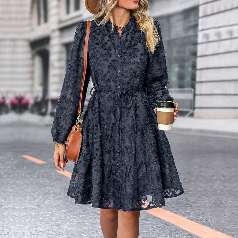 Damen Kleid im romantischen Boho-Stil mit Knopfverschluss und Bindegürtel WW