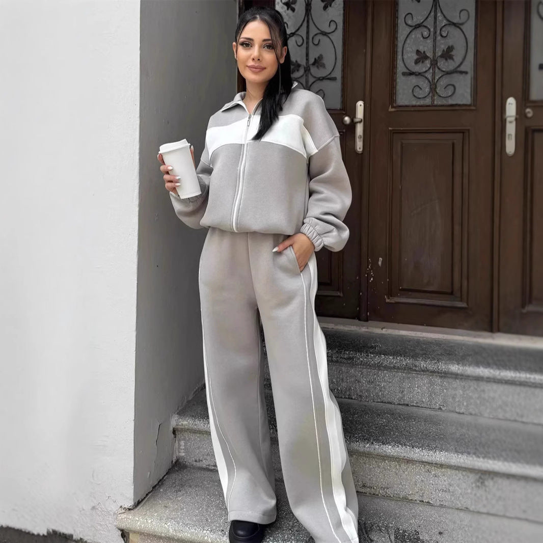 Damen sportliches Fleece-Loungewear-Set mit hohem Kragen undseitlichen Kontraststreifen WW