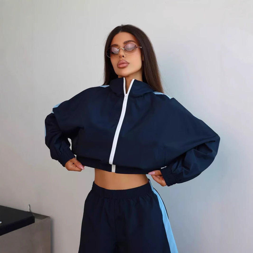Damen sportliches Windbreaker-Set mit elastischem Bund und stylischen Kontraststreifen WW